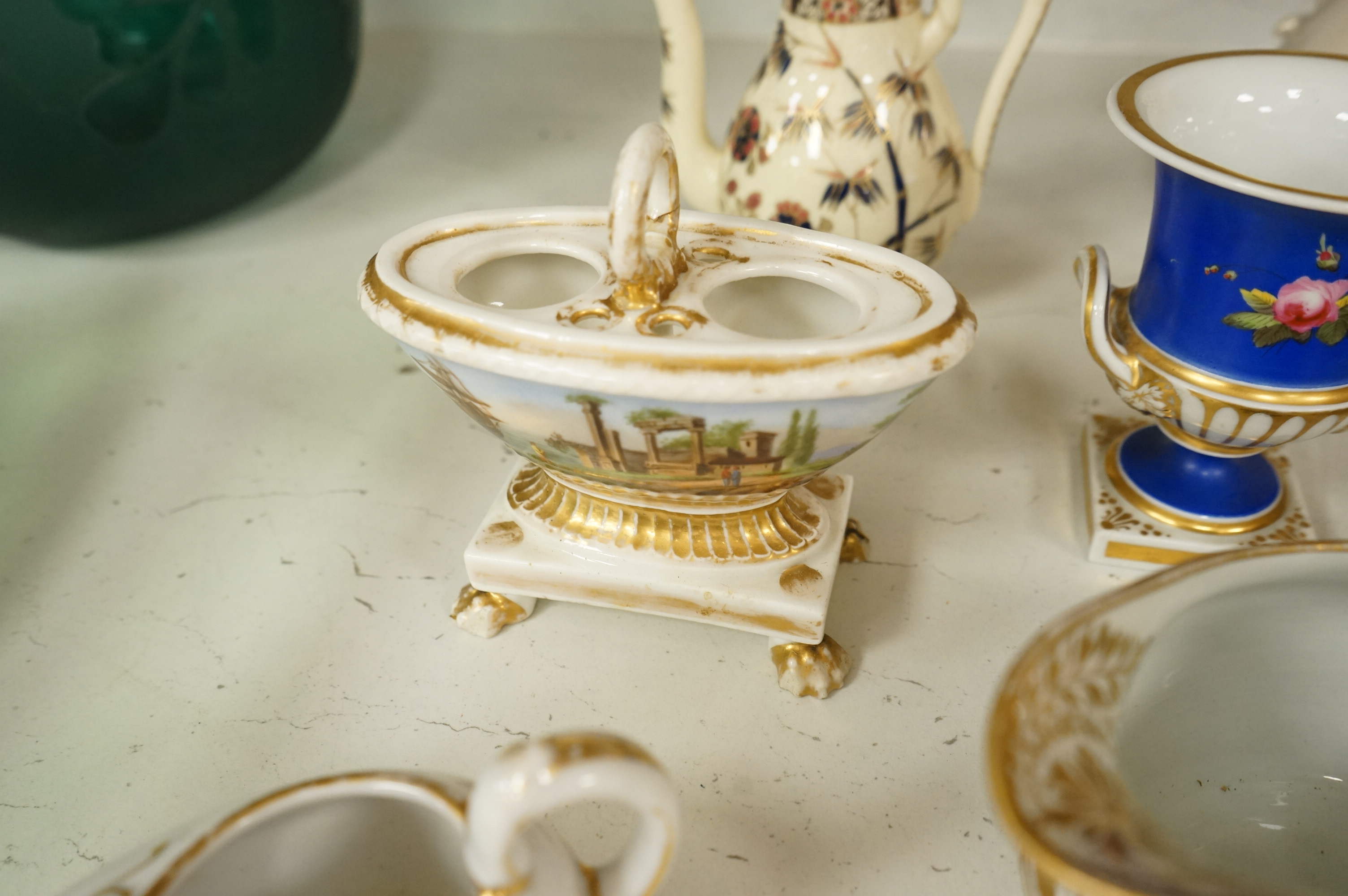 Mixed 19th and 20th English ceramics including Derby, Newhall and Chamberlains Worcester, largest 23cm high